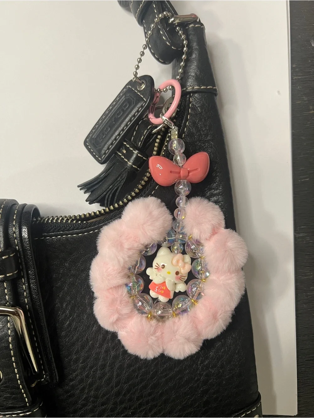 Cute Pink Hello Kitty Pom Keychain for Kids
